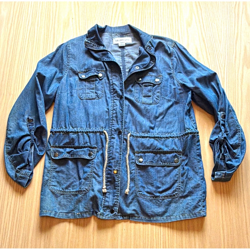 Liz Claiborne Women’s XL Blue Denim Military Jacket Drawstring Pockets